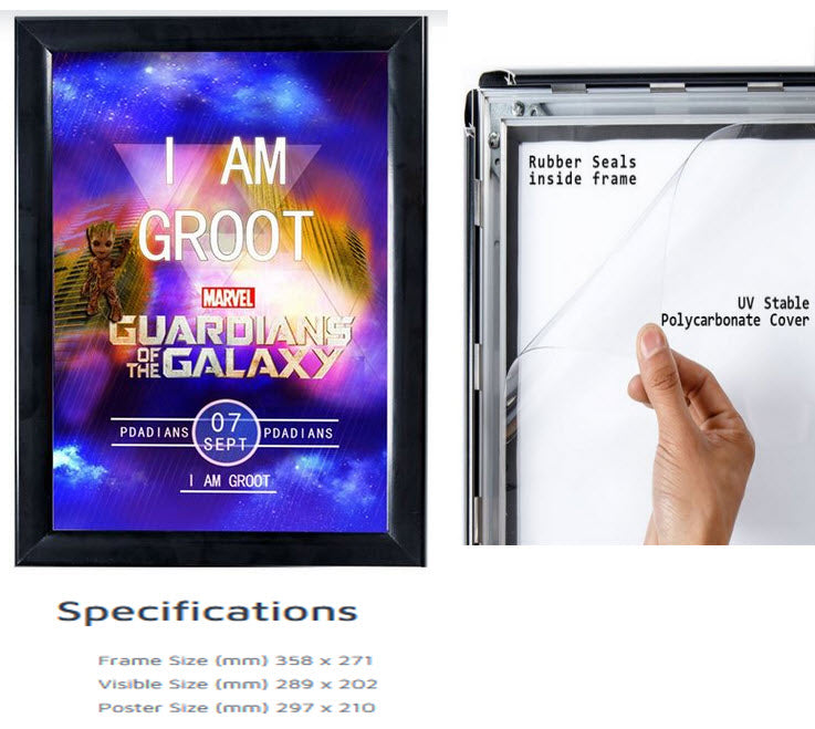 Waterproof Silver Snap Frame Poster Holder A4 Wall Mounted 35mm Aluminum Frame Colour Satin Black with mitre corners ;Clear 0.5mm Polycarbonate cover sheet to protect poster All 4 opening sides Waterproof rubber gasket to protect poster