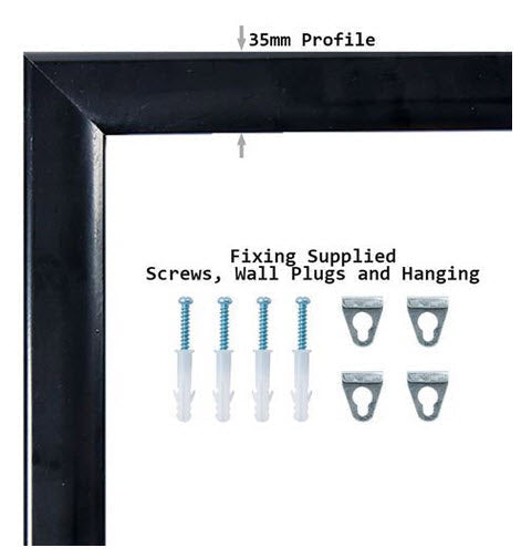 Waterproof Black Snap Frame Poster Holder A1 Wall Mounted 35mm Aluminum Frame Colour Satin Black with mitre corners ;Clear 0.5mm Polycarbonate cover sheet to protect poster All 4 opening sides Waterproof rubber gasket to protect poster
