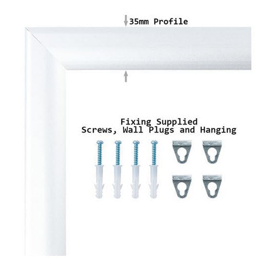 Waterproof Silver Snap Frame Poster Holder A4 Wall Mounted 35mm Aluminum Frame Colour Satin Silver with mitre corners ;Clear 0.5mm Polycarbonate cover sheet to protect poster All 4 opening sides Waterproof rubber gasket to protect poster