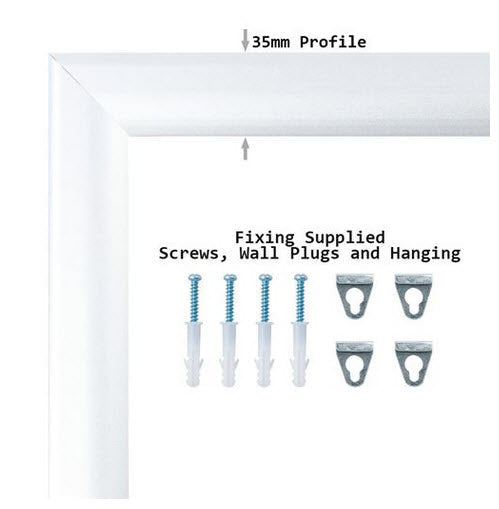 Waterproof Silver Snap Frame Poster Holder A3 Wall Mounted 35mm Aluminum Frame Colour Satin Silver with mitre corners ;Clear 0.5mm Polycarbonate cover sheet to protect poster All 4 opening sides Waterproof rubber gasket to protect poster