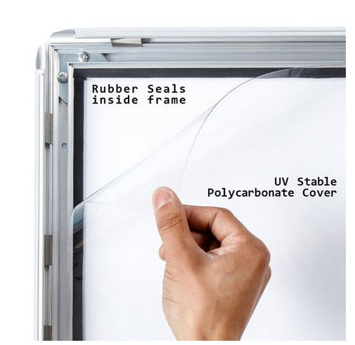 Waterproof Silver Snap Frame Poster Holder A4 Wall Mounted 35mm Aluminum Frame Colour Satin Silver with mitre corners ;Clear 0.5mm Polycarbonate cover sheet to protect poster All 4 opening sides Waterproof rubber gasket to protect poster