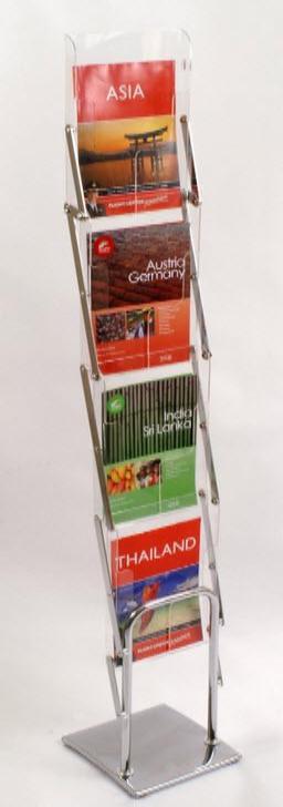 Concertina Single Sided Leaflet / Brochure Holder Easy Fold Away design Ideal for Pop up displays, trade shows, reception areas Simple, sturdy and elegant design. Economically priced. This unit is collapsible by concertina design and includes an sturdy carry bag for ease of transport. Comprises A4 x 4, acrylic brochure pockets, with chrome base and frame Each acrylic pocket internal dimensions 230mm w x 355mm h x 35mm deep