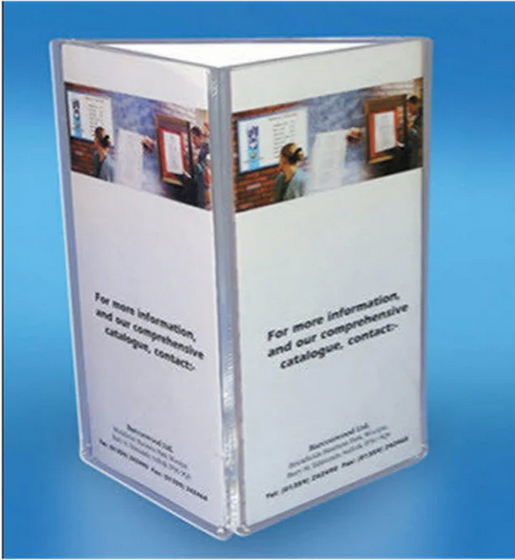 Clear plastic brochure holder displaying 3 SIDED A6 MENU / TABLE TALKERS. The pamphlets feature images of people looking at bulletin boards and text offering further information and a comprehensive catalog. Also included is an A6 display panel holder for additional visibility from Shopfittingsrus Ltd. t/a Impact Displays.