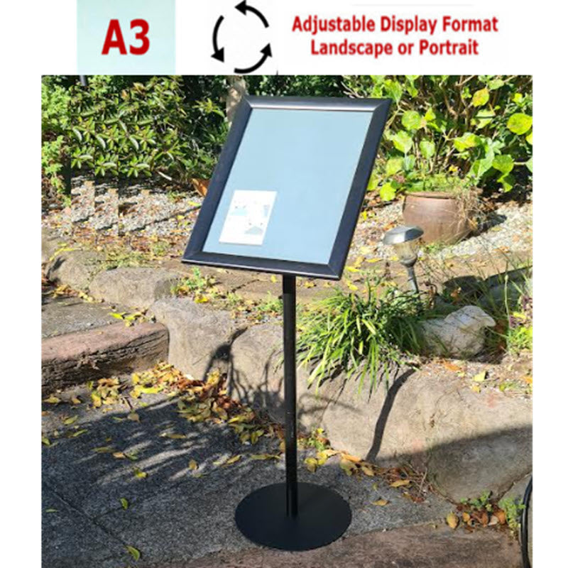 Waterproof A3 Black Round Pole Snap Frame Menu / Display Stand
