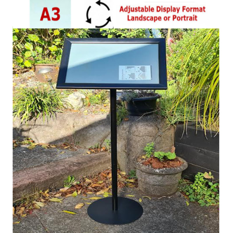Waterproof A3 Black Round Pole Snap Frame Menu / Display Stand