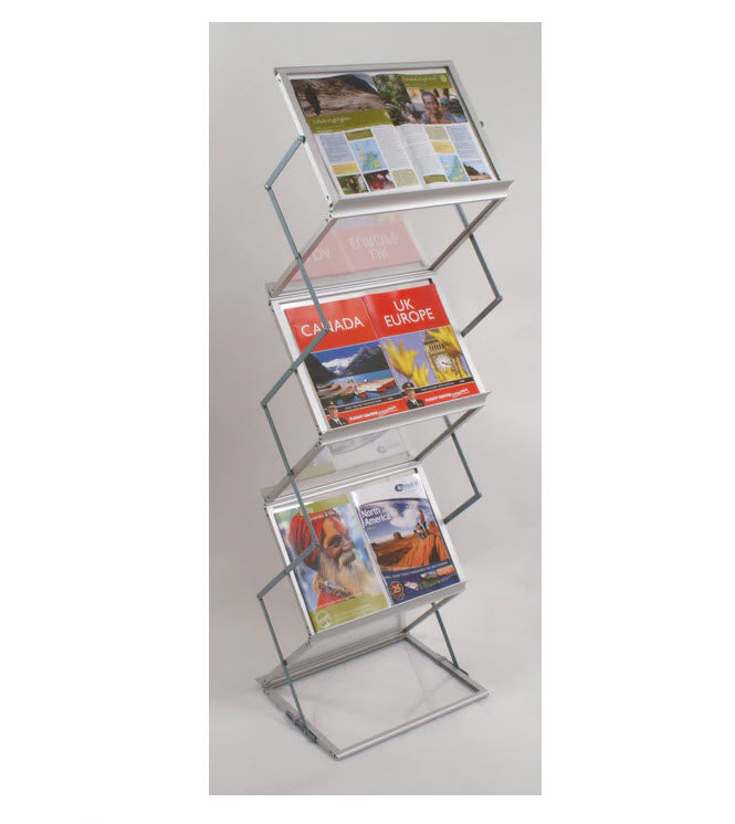 Concertina A3 Landscape&nbsp; Double sided Leaflet / Brochure Holder Easy Fold Away design Ideal for Pop up displays,&nbsp; trade shows,&nbsp; reception areas Simple, sturdy and elegant design. Economically priced. This unit is collapsible by concertina design and includes an aluminum carry case for ease of transport. Comprises shelf displays to display 1 x A3 landscape or 2 x A4 portrait sheets 6 x slanted shelves , silver alloy 