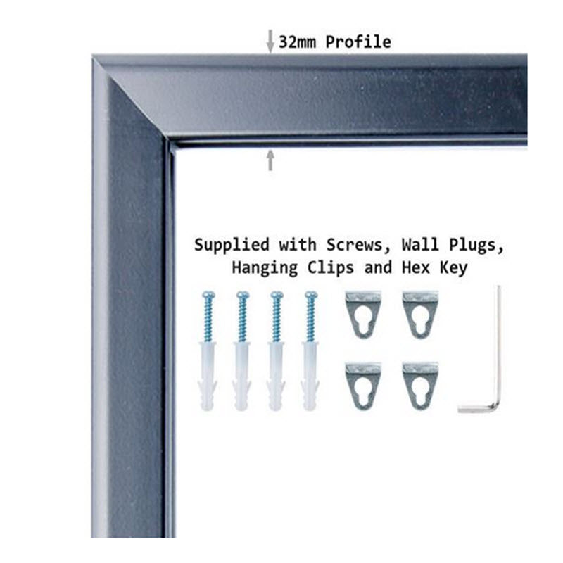 Mitre cornered A3 Black Tamper proof - Lockable snap frame The 32mm wide sprung frame clips open from the front and around all four sides. The Snap frame system makes changing graphics easier without having to remove the frame from the wall each time. Frames can be affixed / displayed in portrait or landscape orientation Supplied with an non reflective, easy clean PVC cover sheet to protect your poster, allen key, and fixing screws. They are locked using the Allen key supplied to prevent tampering. 