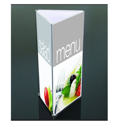 3 sided acrylic DLE display holder Features Thumb cut out for easy change displays.  Check out the Quantity discounts  Exterior Fold for Clean Easy Clean finish  Widely Used Within Hospitality Industry  Table Talkers, Menu and other Display/ Information Holders  3 Sided Display Panel Holder  Suitable for 3 x&nbsp; DLE&nbsp; Size Portrait sheets each 100mm w x 210mm high