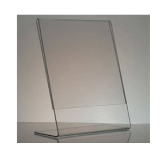 acrylic A5 L Base angled display holder  For single sided display  A5 sheet Portrait Format 148mm wide x 210mm high     Dimensions  W x H x D  148x 210 x 50