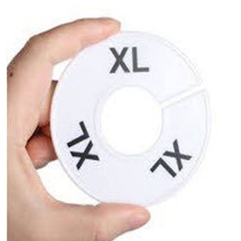 Pack of 7 White Round Rack Dividers Black lettering printed to both sides Sizes XS, S, M , L, XL, XXL, XXXL, Supplied pack contains 1 of each size. Durable Plastic 88mm Diameter with 40mm Centre. 