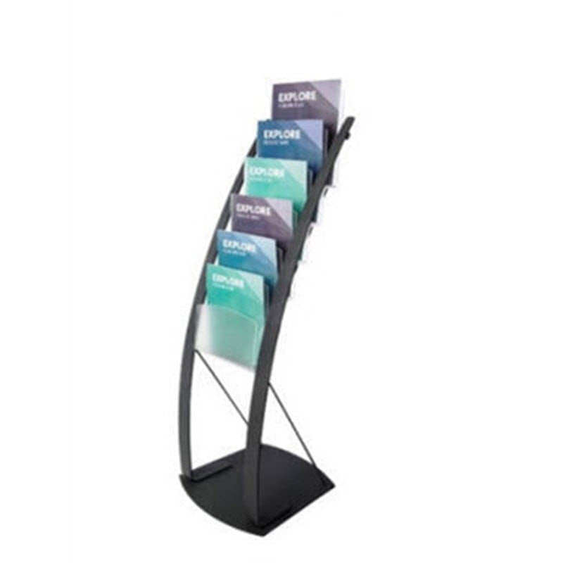 Curved Contemporary Display Stand, Stylish and Elegant Curved Pole Design, Black Powdercoated Steel, 6 x Holders made from frosted acrylic each 240mm W x 270mm H x 38mm D Stand Dimensions assembled 320mm W x 1290mm H - Base: 375mm W at the front x 335mm at the back x 380mm D,