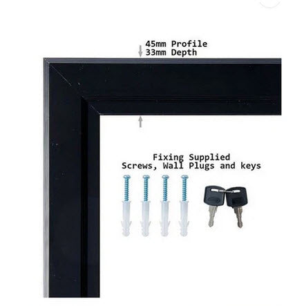 Weatherproof Black Outdoor Lockable Poster Frame A2 Colour -Anodized Black Features 44mm Wide Aluminum Extrusion Rubber Gasket Seals Polycarbonate Front Panel&nbsp; for Durability Rear panel Coreflute Waterproof. A2 Size Poster Easily Changed With Retaining Clips Supplied Hinged Opening with hold out stays