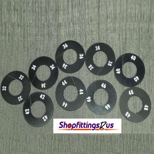 Pack of 9 Black Round Rack Dividers Sizes 32-48  White lettering printed to both sides  Durable Plastic  88mm Diameter with 40mm Centre. 