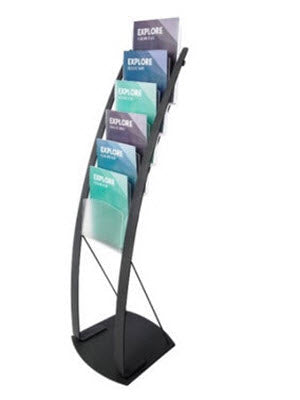 Curved Contemporary Display Stand, Stylish and Elegant Curved Pole Design, Black Powdercoated Steel, 6 x Holders made from frosted acrylic each 240mm W x 270mm H x 38mm D Stand Dimensions assembled 320mm W x 1290mm H - Base: 375mm W at the front x 335mm at the back x 380mm D,