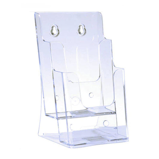 acrylic Freestanding/ wall mounted brochure holder  Clear Acrylic 2 Tier  for DLE leaflets  Front flat area for signage if reqd 95mm w x 57mm h     Dimensions W x H x D (mm)  120 x 210 x 115
