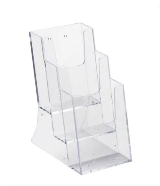 acrylic Freestanding /wall mounted brochure holder  Clear Acrylic 3 Tier  for DLE leaflets     Dimensions  W x H x D (mm)  115 x 230 x 130
