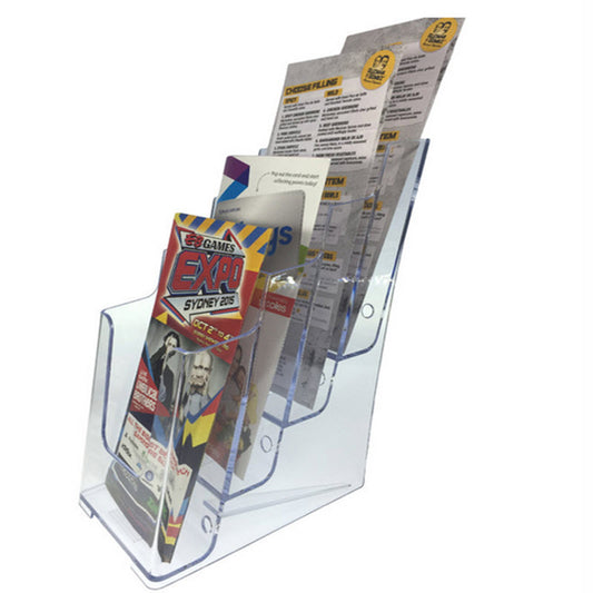 Freestanding /&nbsp; wall mounted brochure holder  Clear Acrylic 4 Tier  for DLE leaflets   Trifold A4 , sheet or booklets display size 100mm w x 210mm h     Dimensions  W x H x D(mm)  123 x 254 x 203
