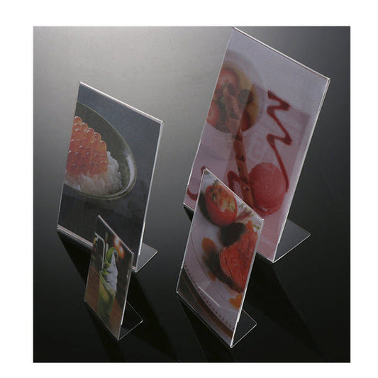 acrylic DLE, angled L Base display holder  For single sided display  Ideal Menu , Product ,Information , Services or Charges  Used frequently on counter tops  Sheet size 100mm wide x 210mm high ( Tri fold DLE)     Dimensions  W x H x D  100 x 210 x 70