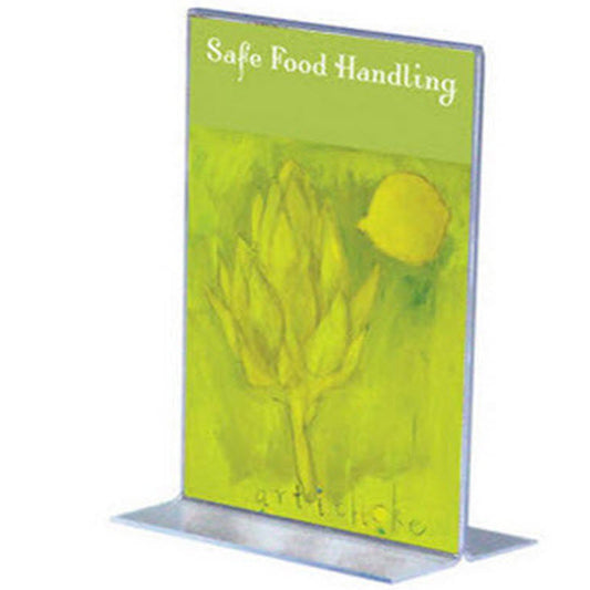 Acrylic A6 T Base upright display holder  For double sided viewing  Sheet Size A6  Ideal for product Information or pricing etc.     Dimensions  W x H x D  101 x 152 x 44mm