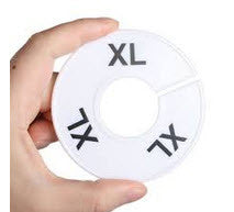 Pack of 7 White Round Rack Dividers Black lettering printed to both sides Sizes XS, S, M , L, XL, XXL, XXXL, Supplied pack contains 1 of each size. Durable Plastic 88mm Diameter with 40mm Centre. 