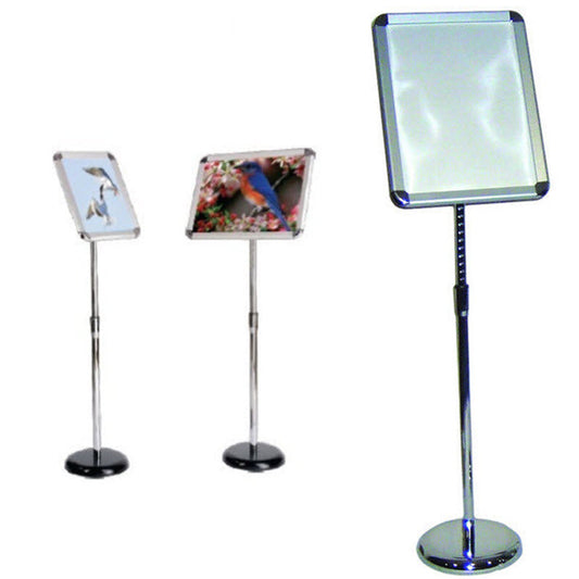 Premium Snap Frame Floor Stand A4 To suit A4 Size Paper Displays 210mm x 297mm Clear PVC Protective Cover Sheet to Protect Display Poster. Rotates for both Portrait or Landscape format Displays Angle of Display Adjustable Round Chrome Base with Polished Telescopic Pole Pole Height Adjustable 710mm - 1240mm Wide Profile Radius A4 Aluminum Silver Snap Frame Opening all 4 Snap Frame Sides with Chrome Radius Corners to Display Frame Melamine Backing Pane