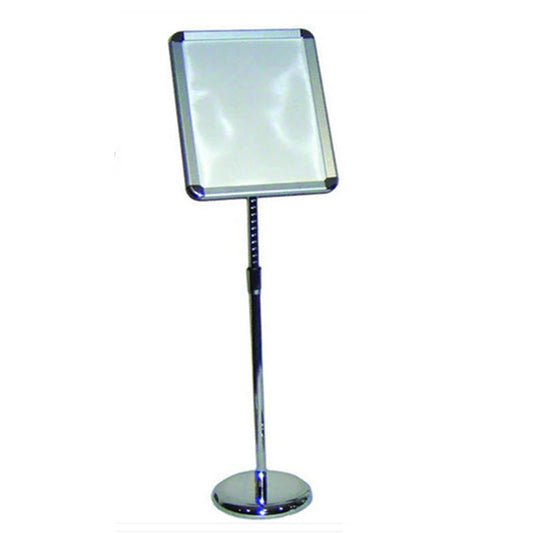 Premium Snap Frame Floor Stand A3  To suit A3 Size Paper Displays 420mm x 297mm   Clear PVC Protective Cover Sheet to Protect Display Poster.  Rotates for both Portrait or Landscape format Displays   Angle of Display Adjustable  Round Chrome Base with Polished Telescopic Pole  Pole Height Adjustable 710mm - 1240mm  Wide Profile Radius A3 Aluminum Silver Snap Frame  Opening all 4 Snap Frame Sides with Chrome Radius Corners to Display Frame  Melamine Backing Pane