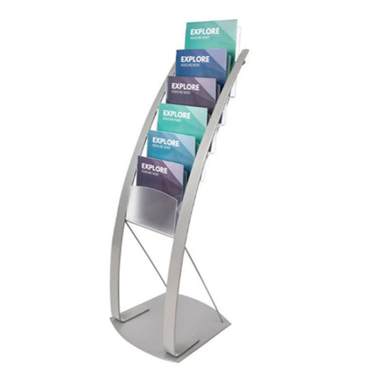 Curved Contemporary Display Stand,  Stylish and Elegant Curved Pole Design,  Silver Gloss finish Powdercoated Steel, 6 x Holders made from frosted acrylic each 240mm W x 270mm H x 38mm D  Stand Dimensions assembled  320mm W x 1290mm H - Base: 375mm W at the front x 335mm at the back x 380mm D,