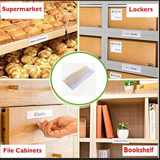 Pack of 25 x Quantity, 80mm x 45mm Clear Label Holders Flat Clear PVC Ticket Strip Self Adhesive Ticket / Label Holders Affix to Shelf Edge, or to Flat Face of Cupboards/ Lockers etc. Forms a Protective Ticket Display Holder 80mm wide to hold paper 45mm high Can be used to holder higher tickets standing upright Paper Ticket /&nbsp; Display easily inserted and changed as required.