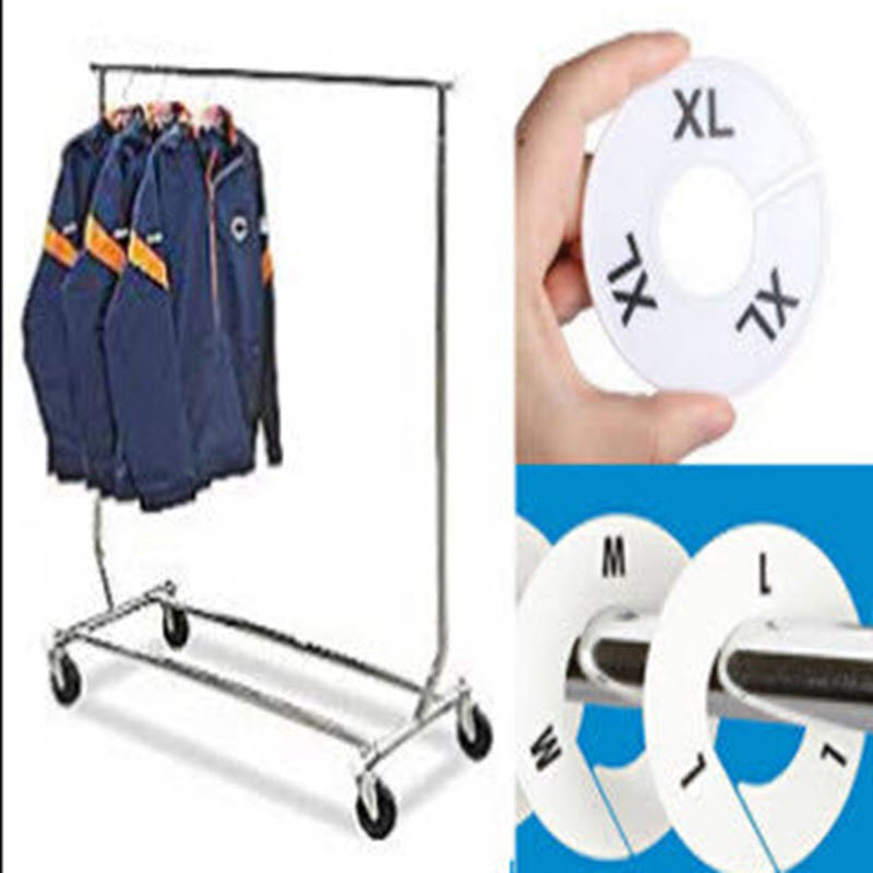 Pack of 7 White Round Rack Dividers  Black lettering printed to both sides   Sizes XS, S, M , L, XL, XXL, XXXL,  Supplied pack contains 1 of each size.  Durable Plastic   88mm Diameter with 40mm Centre. 